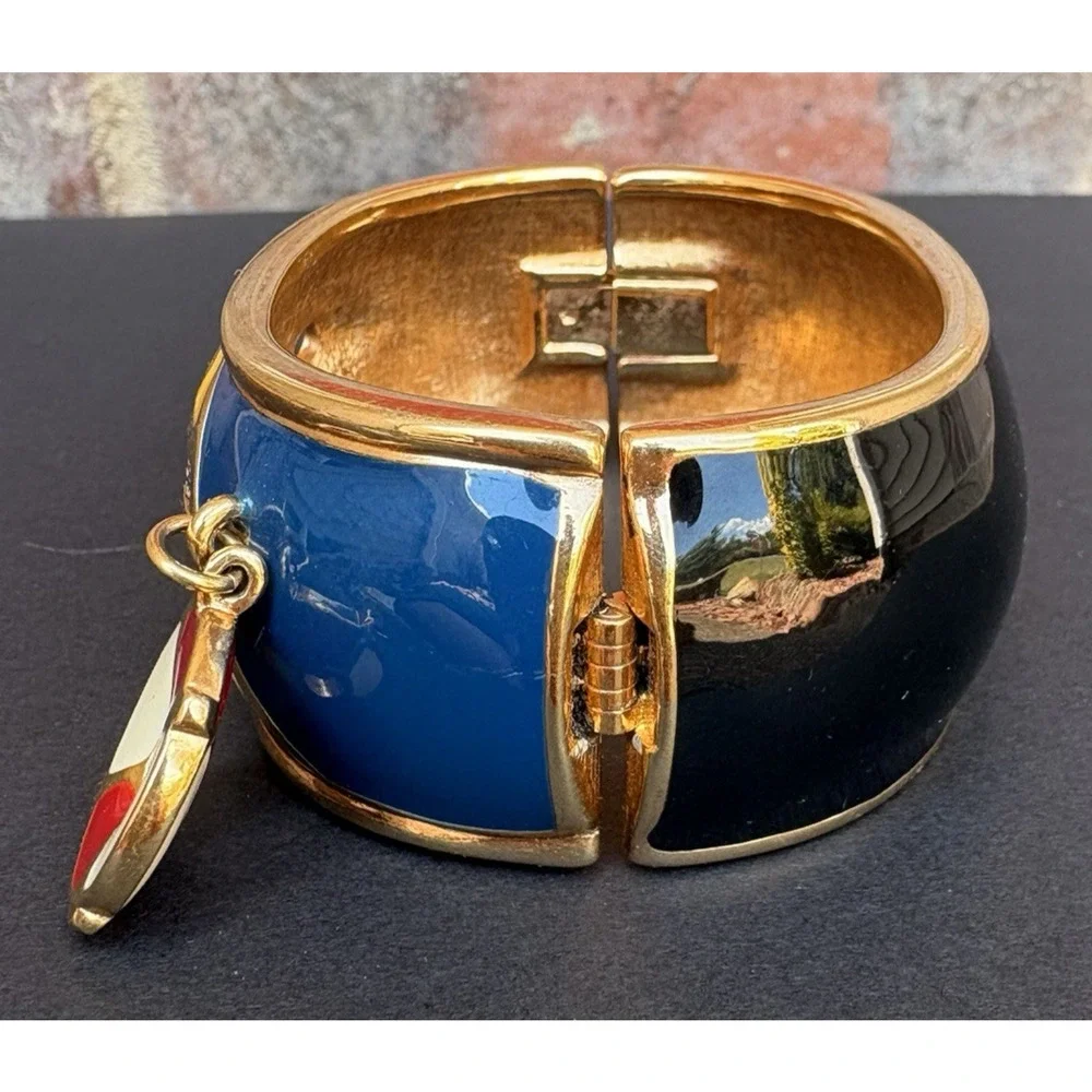 Swarovski Crystal Bracelet Wide Hinged Gold Tone Enamel Charm Cuff Nautical‎ - Picture 6 of 10